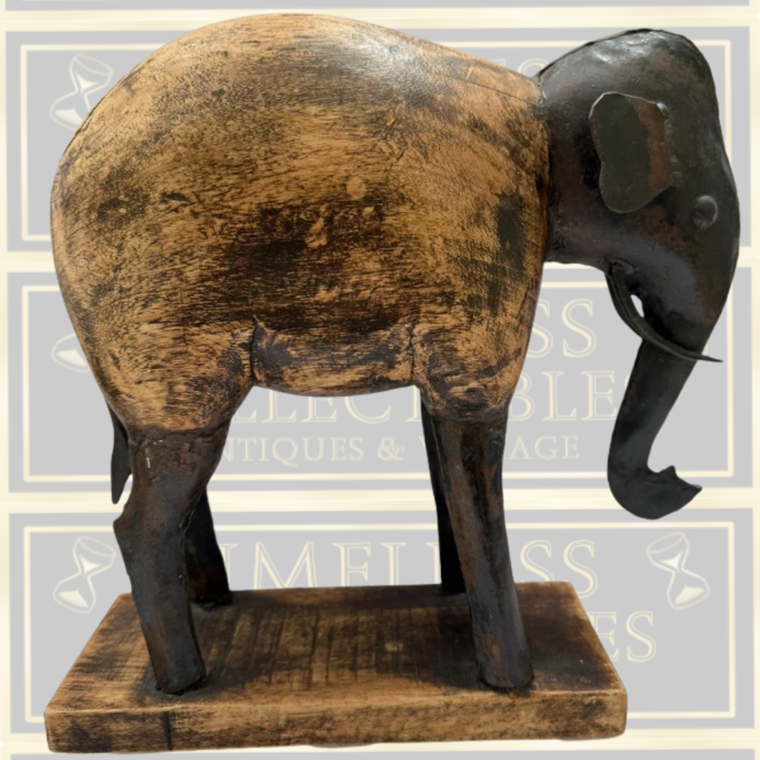 Vintage Handcrafted Indian Metal & Wood Elephant Sculpture