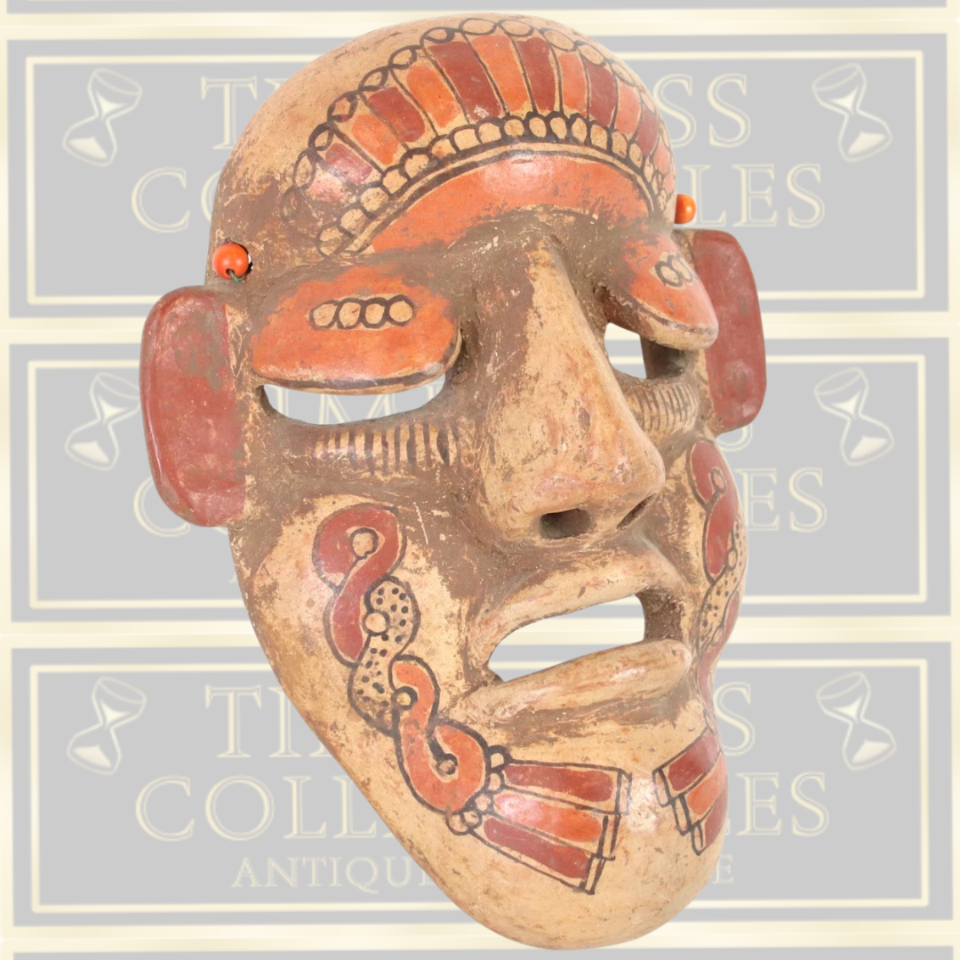 Vintage Aztec Hand Painted Clay Mask