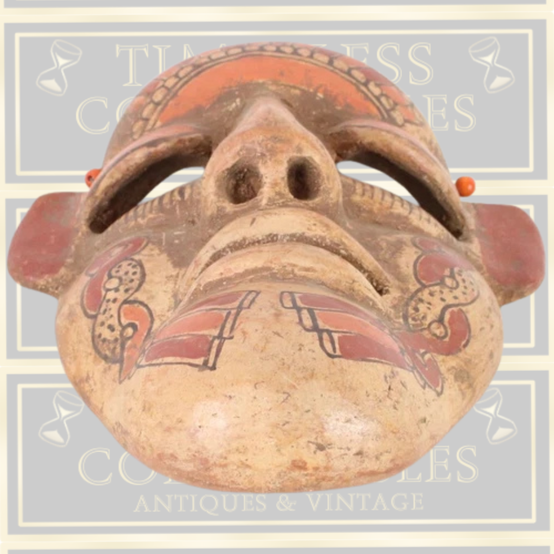Vintage Aztec Hand Painted Clay Mask