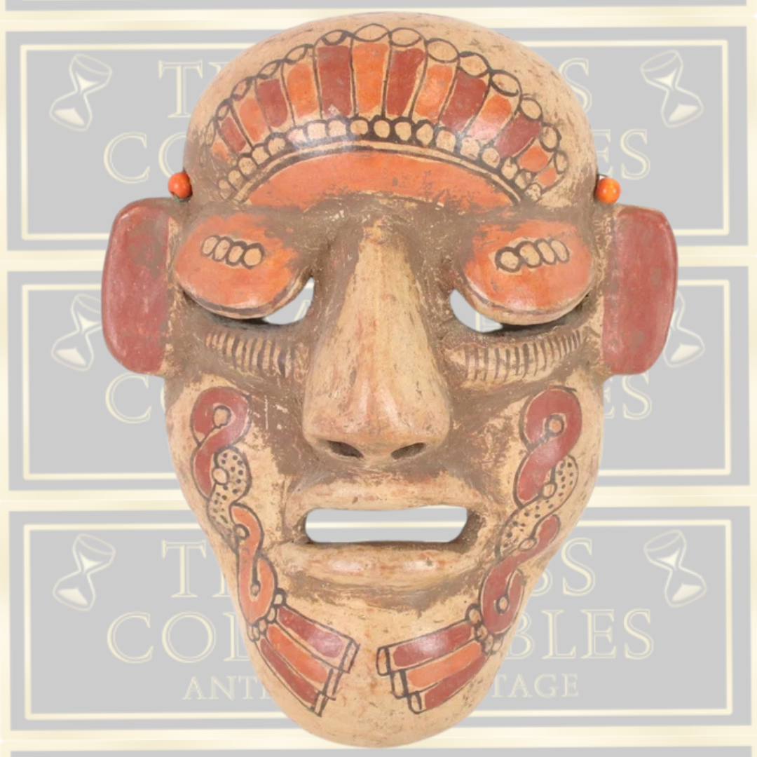 Vintage Aztec Hand Painted Clay Mask