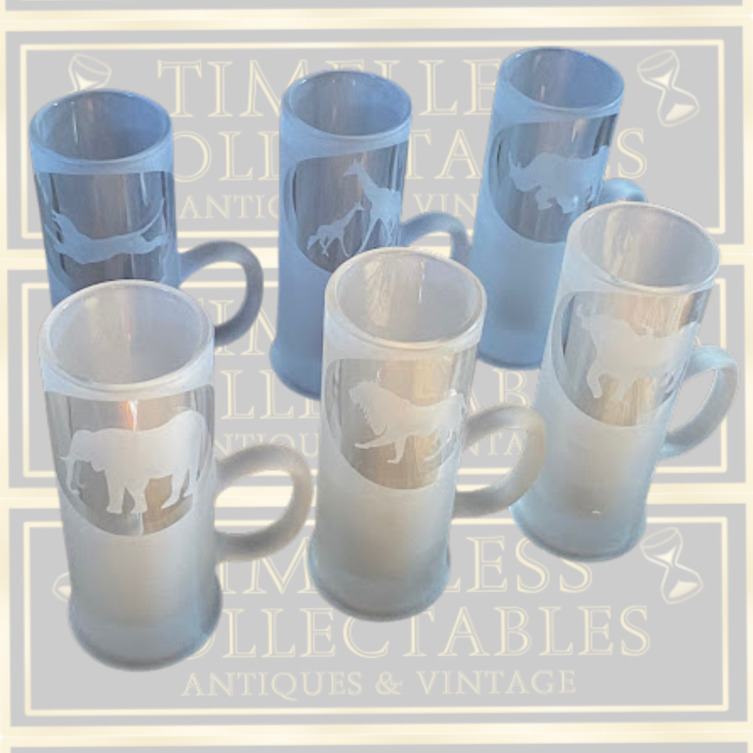 Vintage Frosted French Etched African Animal Silhouettes Glasses