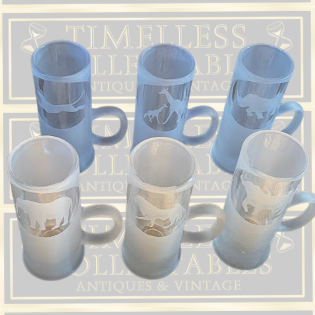 Vintage Frosted French Etched African Animal Silhouettes Glasses