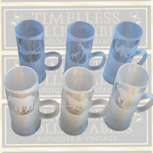 Vintage Frosted French Etched African Animal Silhouettes Glasses