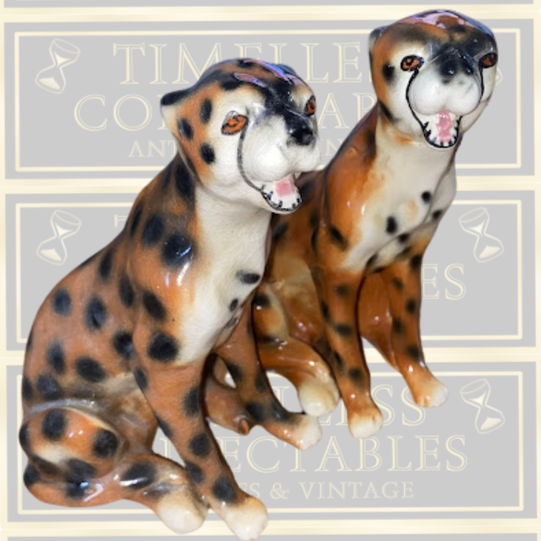 Vintage Pair Sitting Cheetah Porcelain Figures