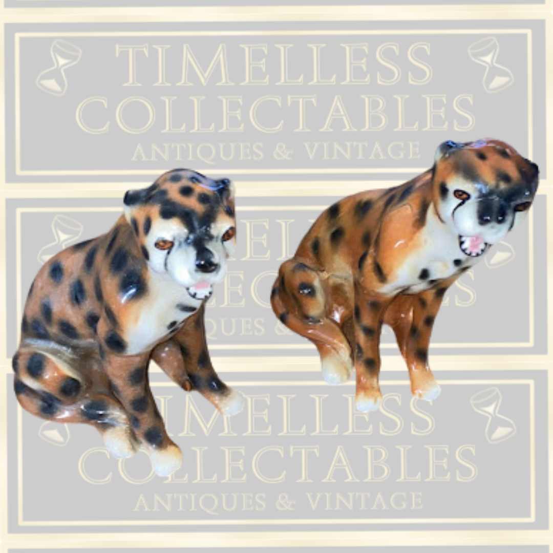 Vintage Pair Sitting Cheetah Porcelain Figures