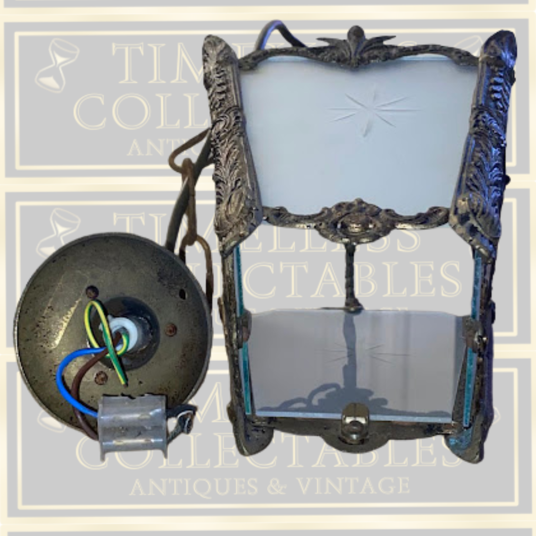 Antique French Brass & Glass Hanging Lantern Light Fixture