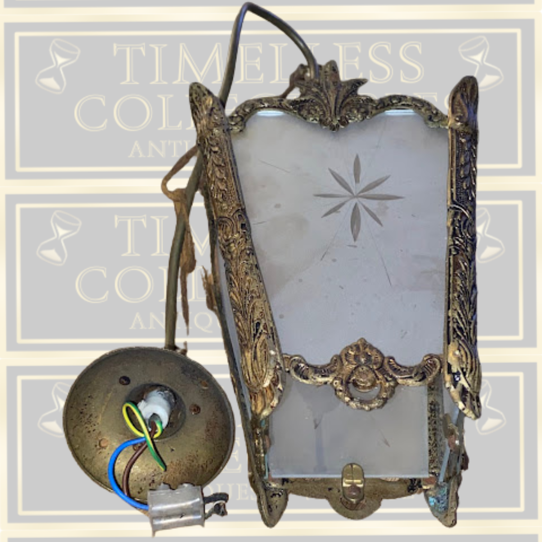 Antique French Brass & Glass Hanging Lantern Light Fixture