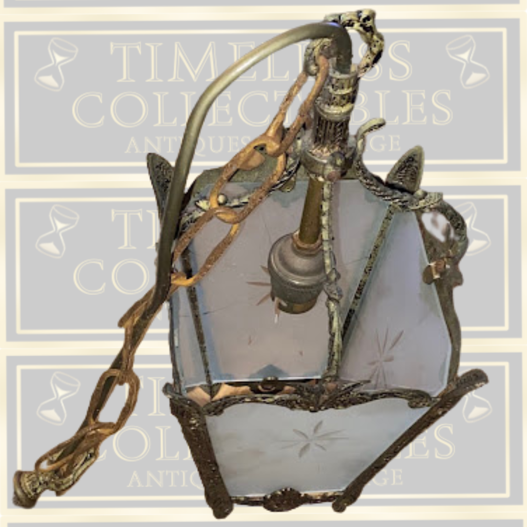 Antique French Brass & Glass Hanging Lantern Light Fixture