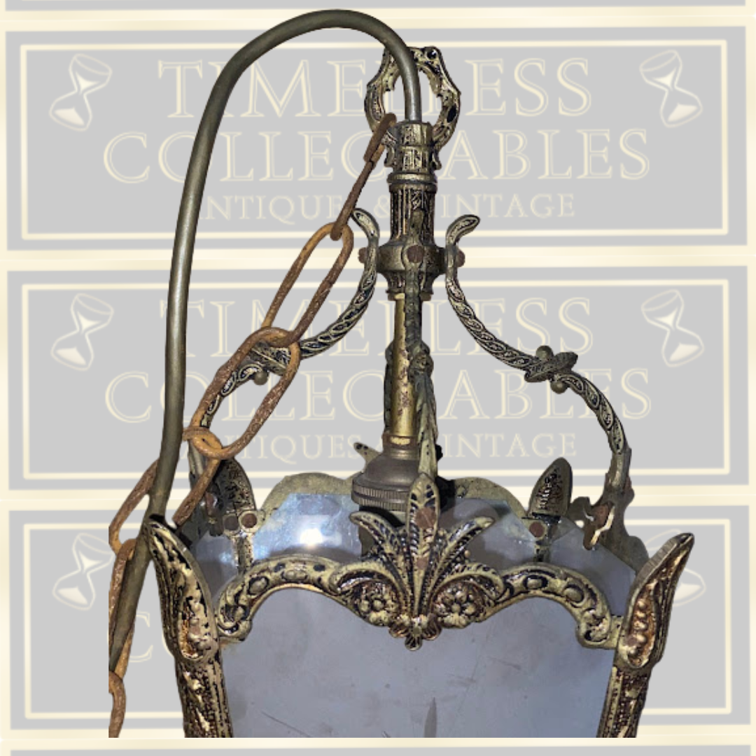 Antique French Brass & Glass Hanging Lantern Light Fixture