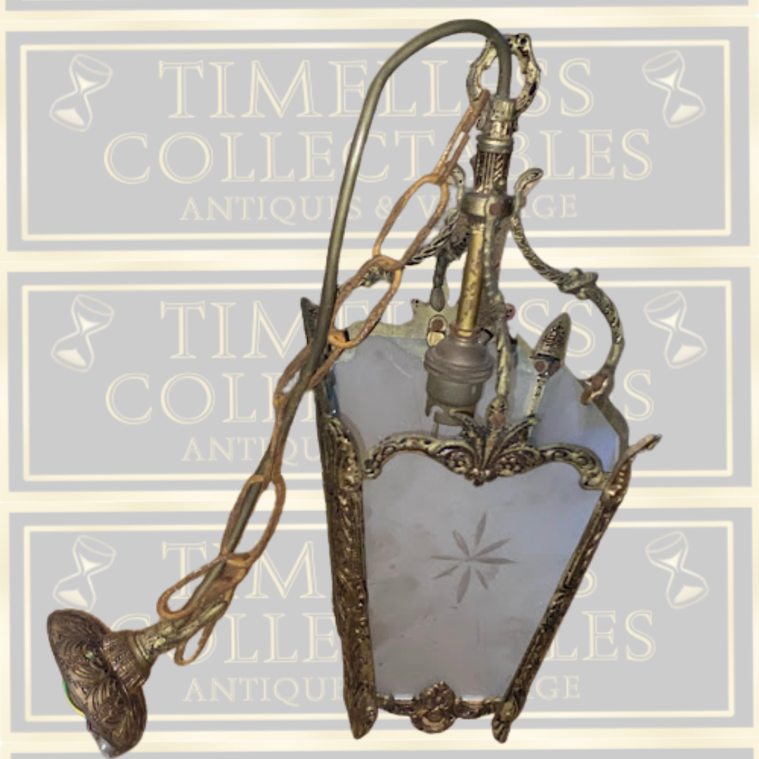Antique French Brass & Glass Hanging Lantern Light Fixture