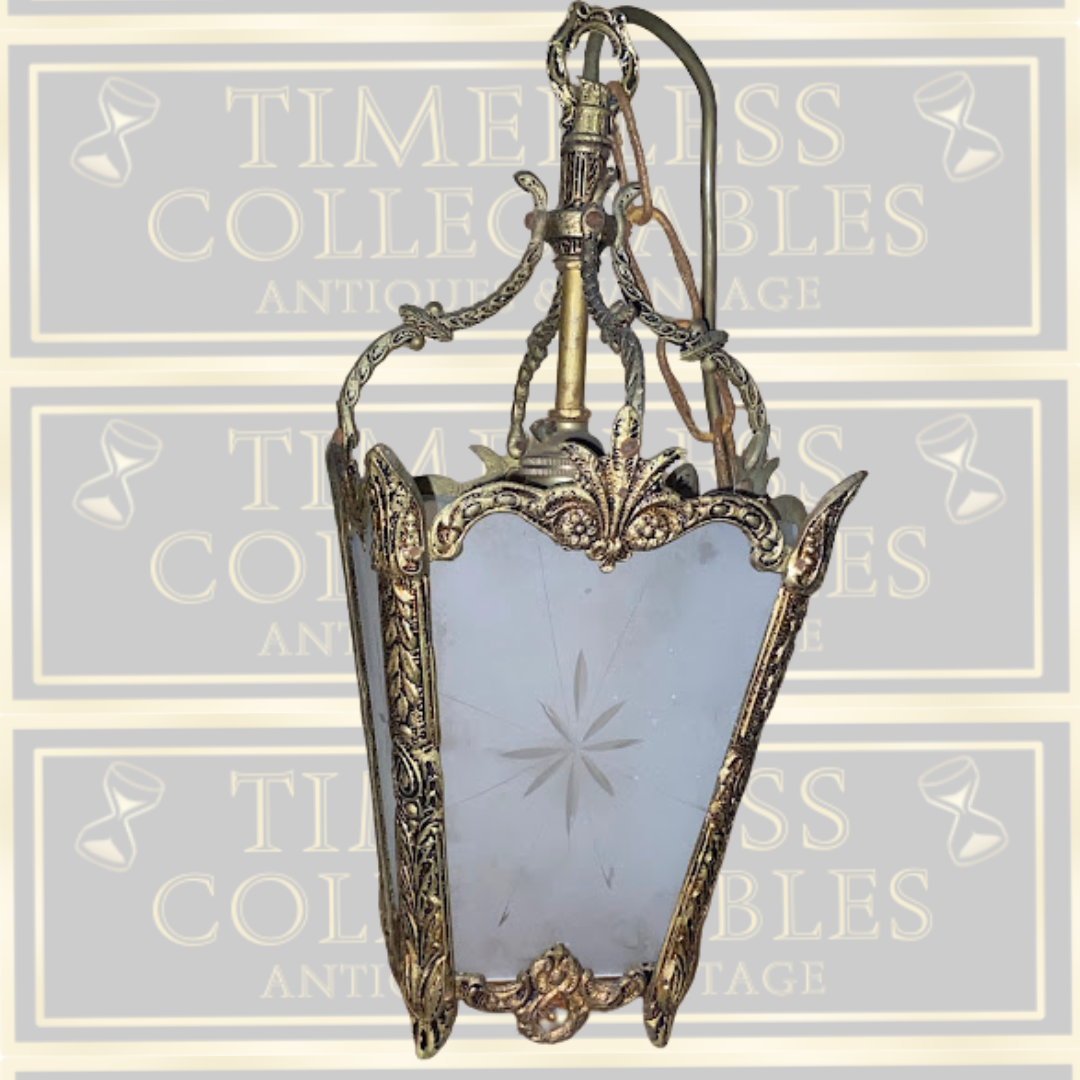Antique French Brass & Glass Hanging Lantern Light Fixture