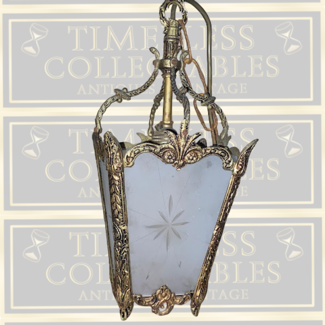 Antique French Brass & Glass Hanging Lantern Light Fixture