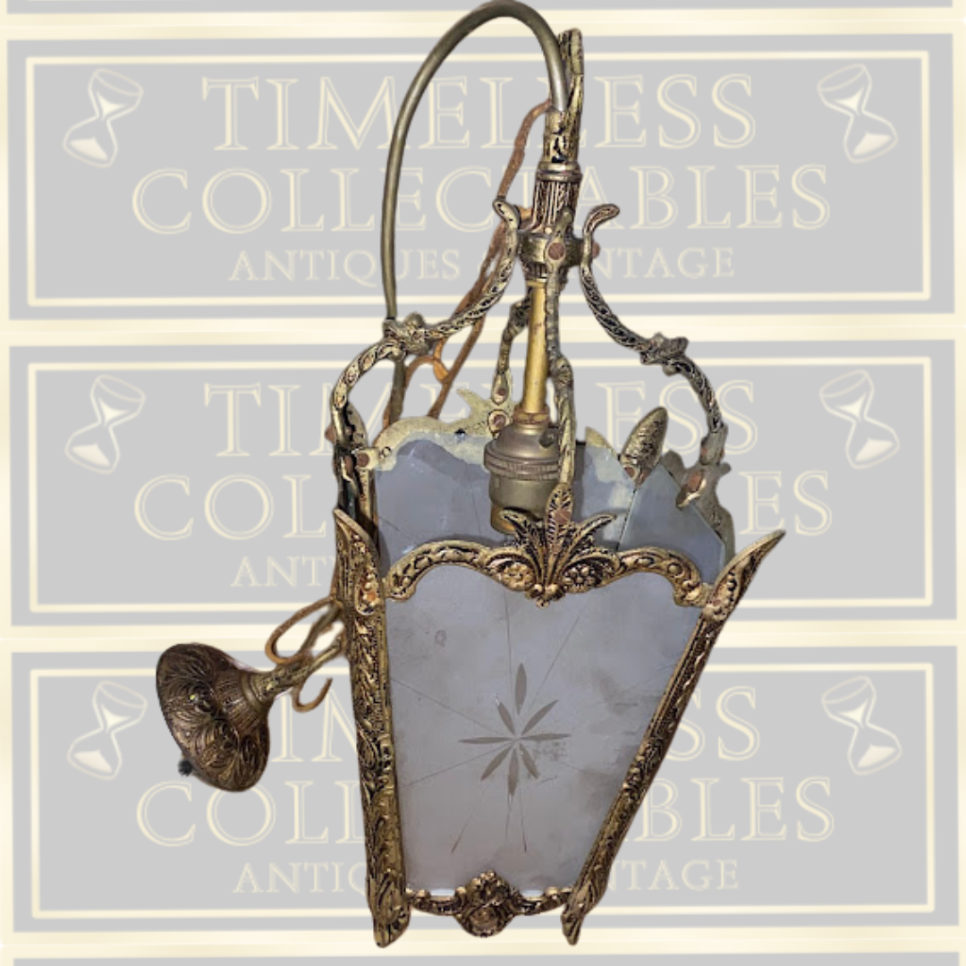 Antique French Brass & Glass Hanging Lantern Light Fixture
