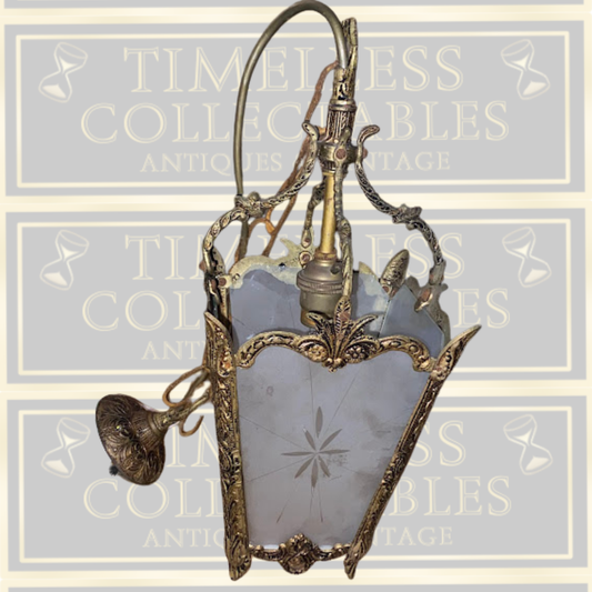 Antique French Brass & Glass Hanging Lantern Light Fixture