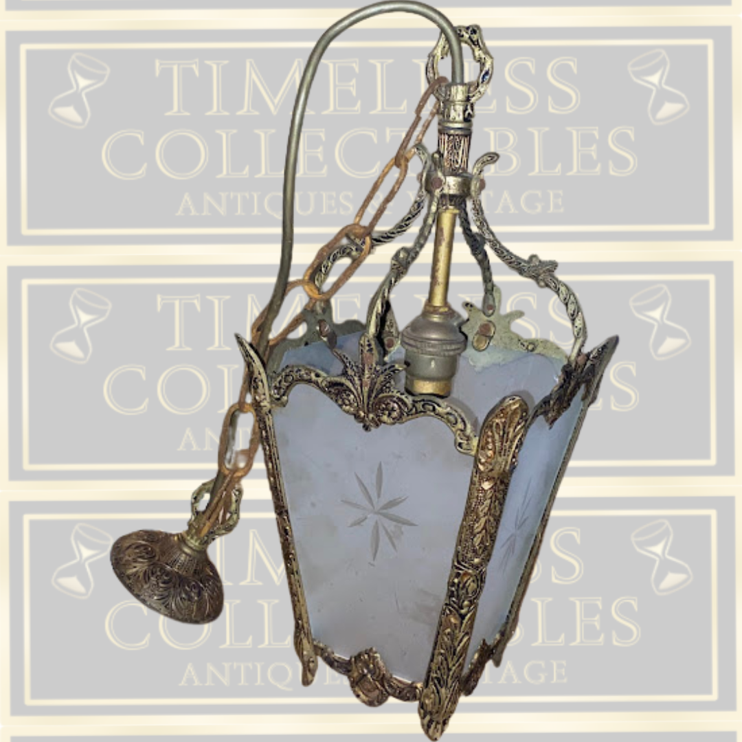 Antique French Brass & Glass Hanging Lantern Light Fixture