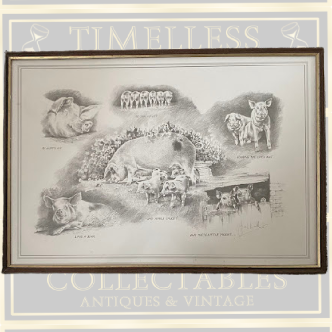 Joel Kirk Pig/Piglets Signed Framed Pencil Drawing Print
