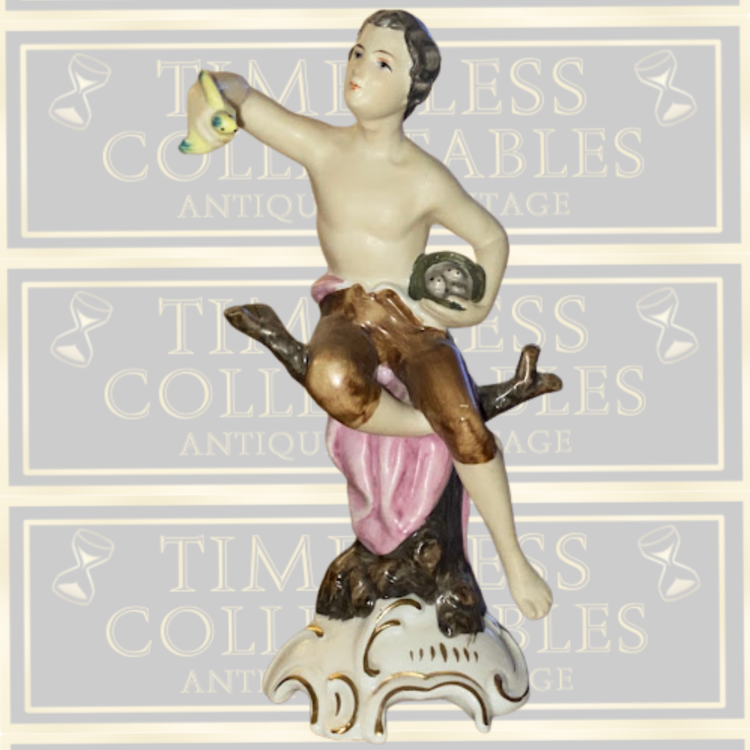 Vintage Porcelain Bird Man On Tree Trunk