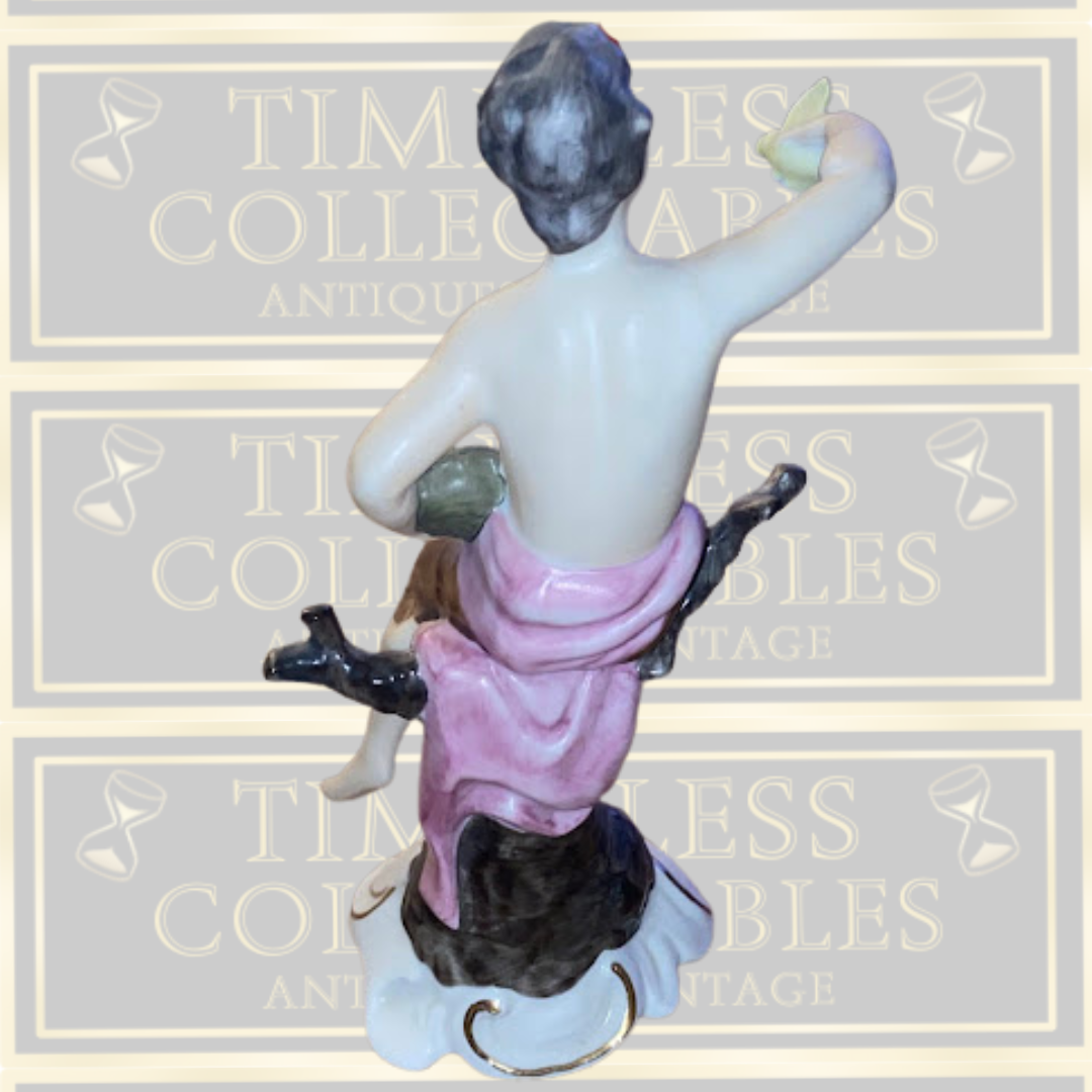 Vintage Porcelain Bird Man On Tree Trunk