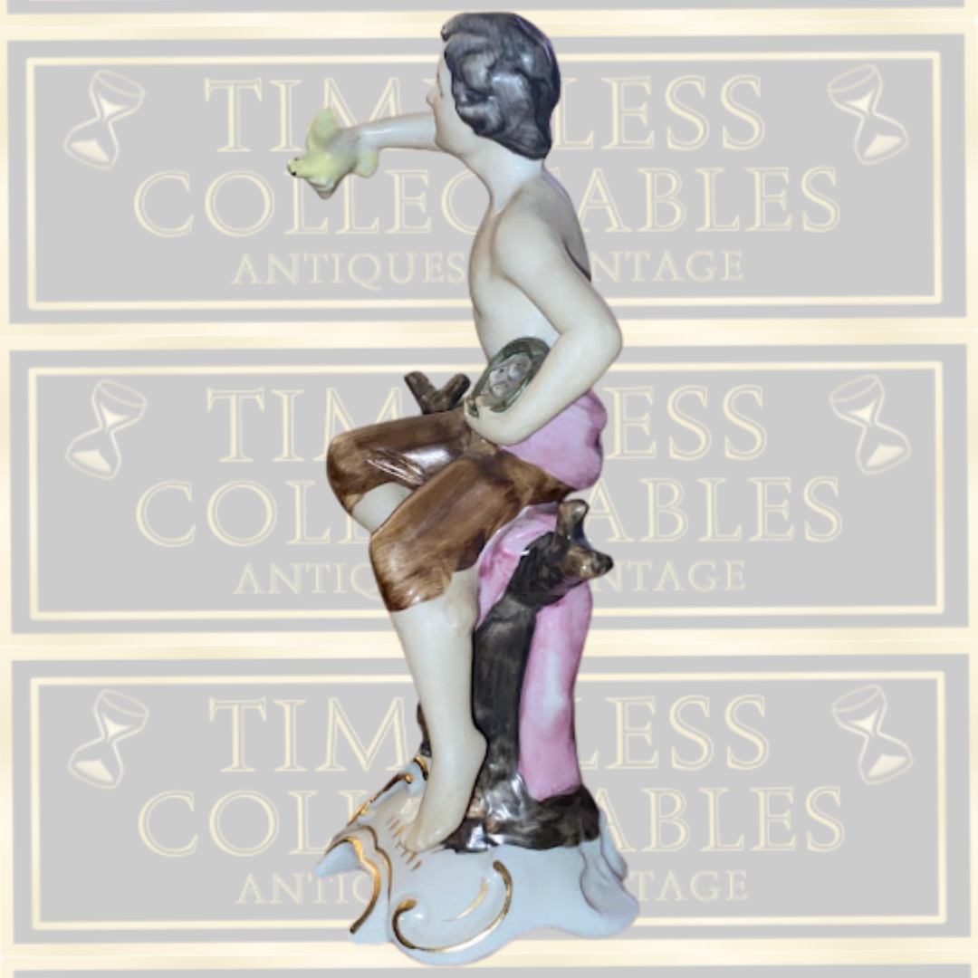 Vintage Porcelain Bird Man On Tree Trunk