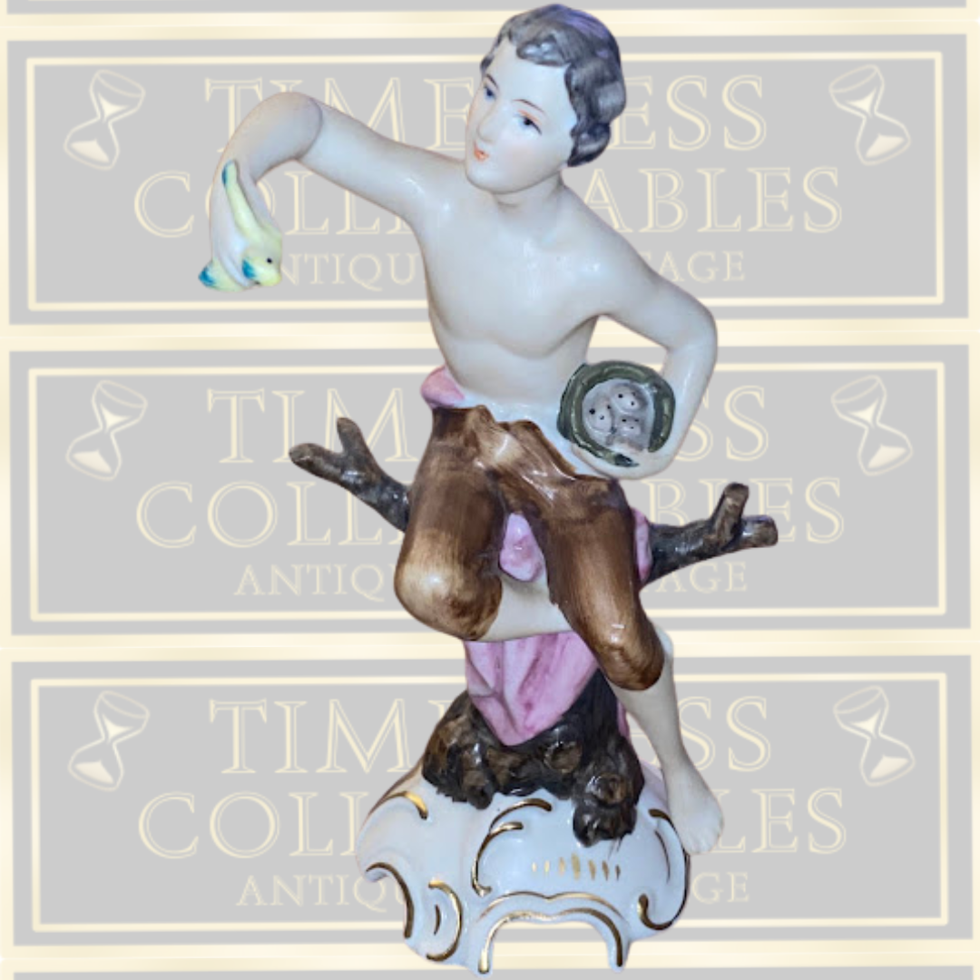 Vintage Porcelain Bird Man On Tree Trunk