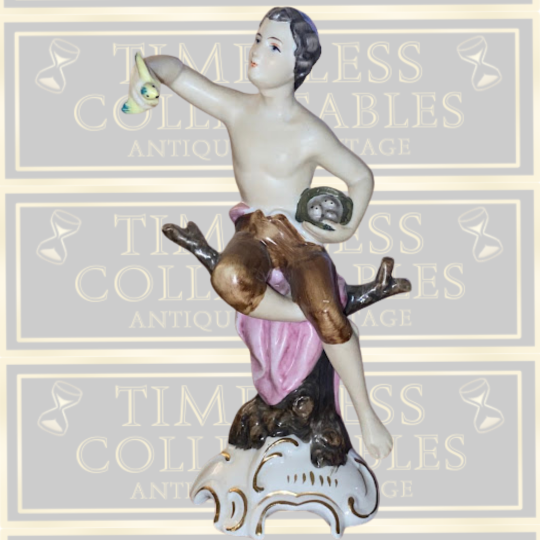 Vintage Porcelain Bird Man On Tree Trunk