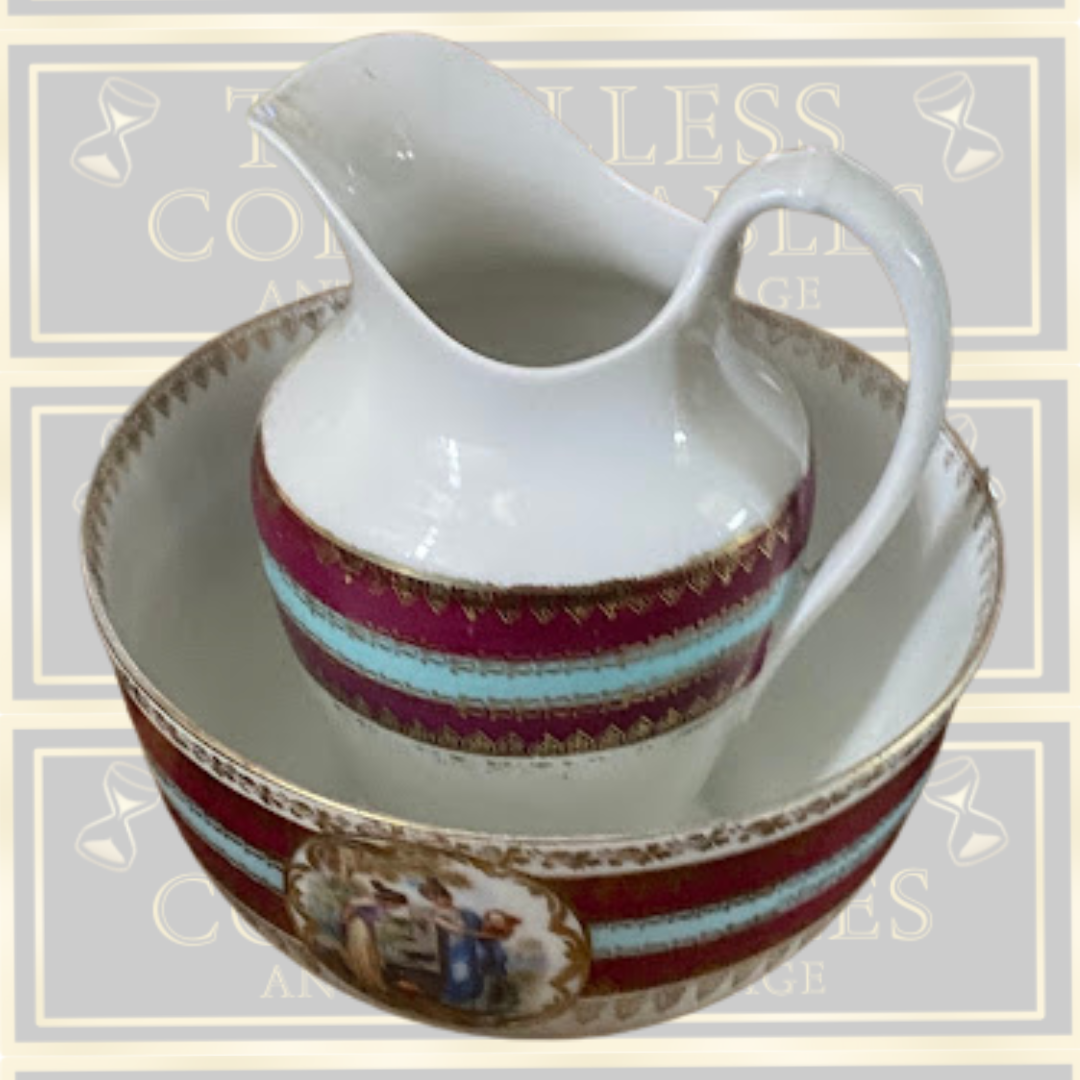 Antique Ernst Wahliss Austria Porcelain Royal Vienna Beehive Deep Bowl & Jug