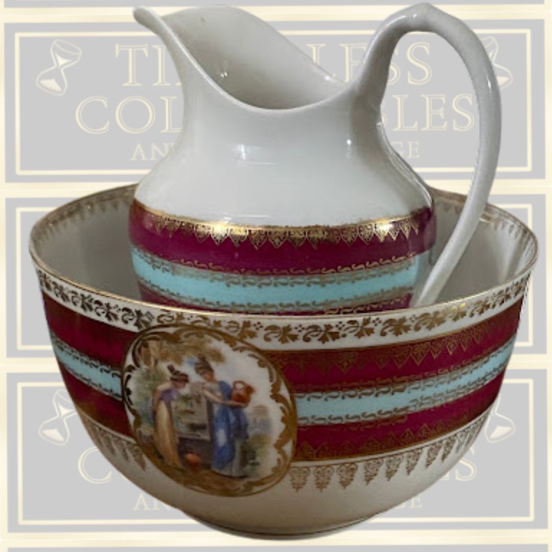 Antique Ernst Wahliss Austria Porcelain Royal Vienna Beehive Deep Bowl & Jug