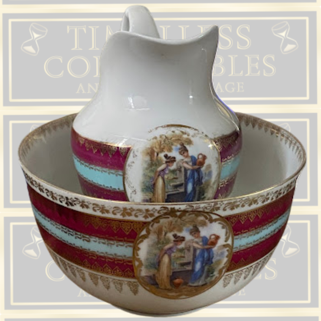 Antique Ernst Wahliss Austria Porcelain Royal Vienna Beehive Deep Bowl & Jug