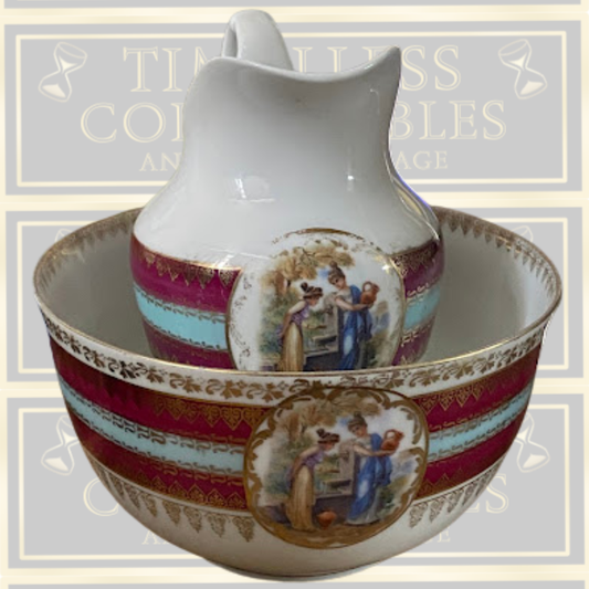 Antique Ernst Wahliss Austria Porcelain Royal Vienna Beehive Deep Bowl & Jug