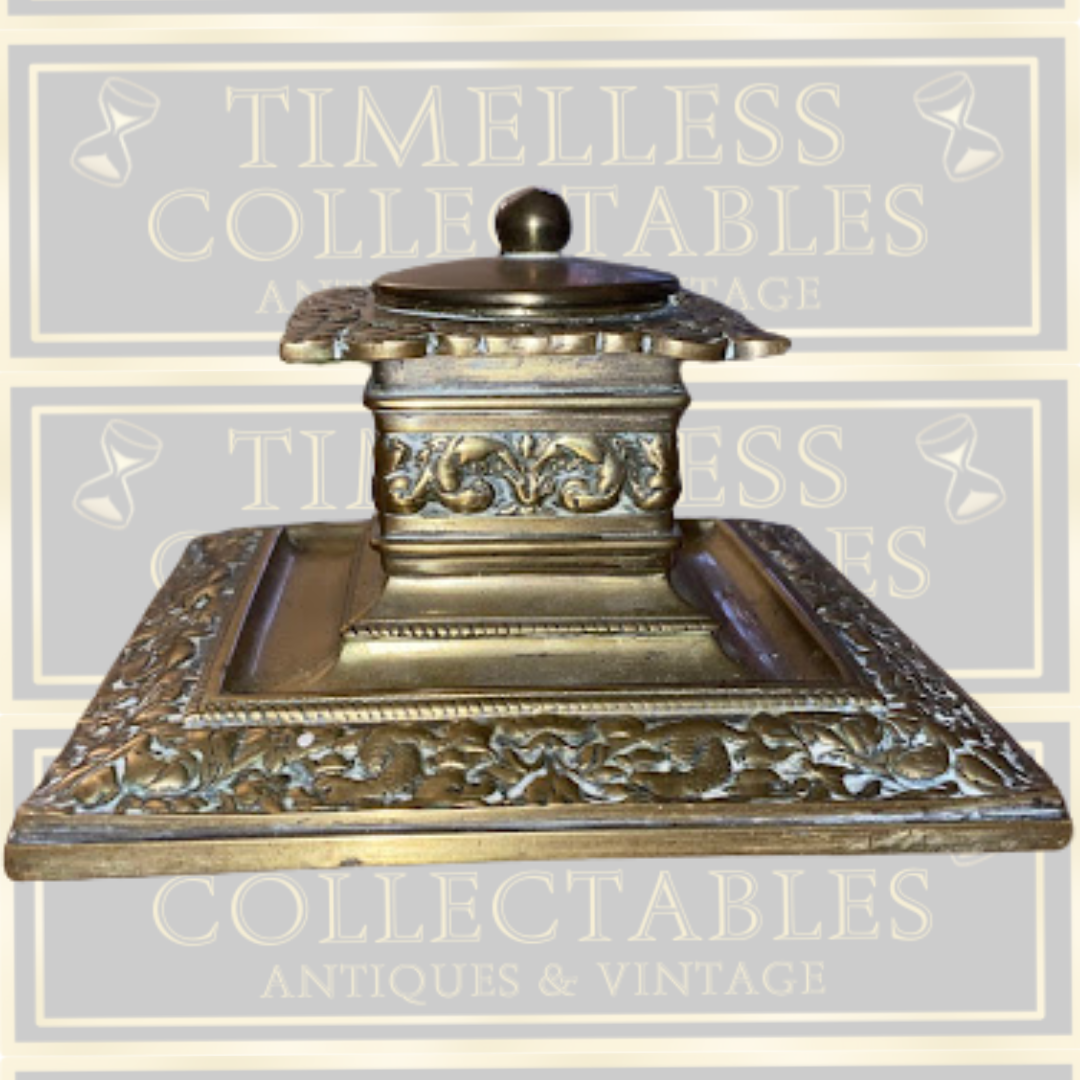 Antique Large Ornate Brass Inkwell