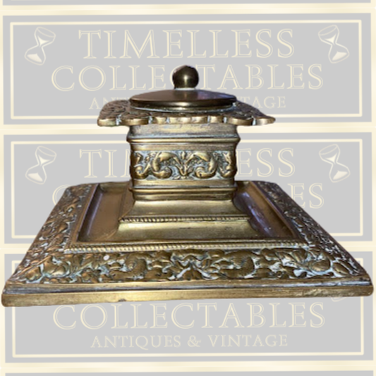 Antique Large Ornate Brass Inkwell
