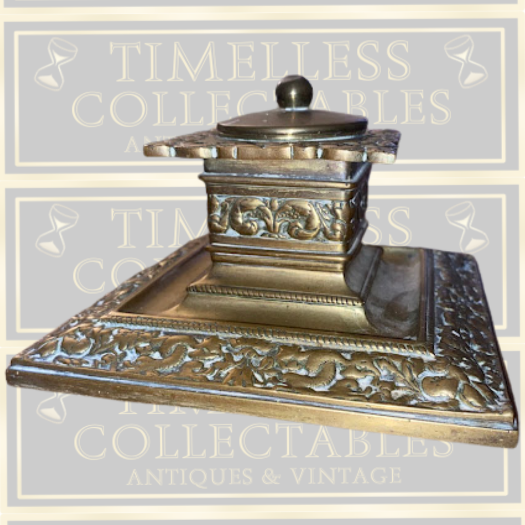 Antique Large Ornate Brass Inkwell