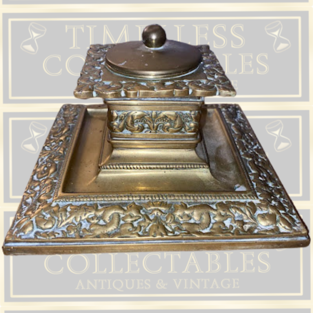Antique Large Ornate Brass Inkwell