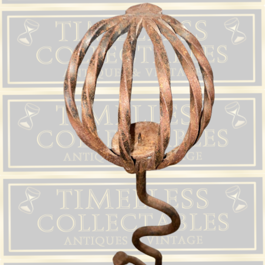 Antique Pair Large Gothic Handmade Wrought Iron Candle Holders