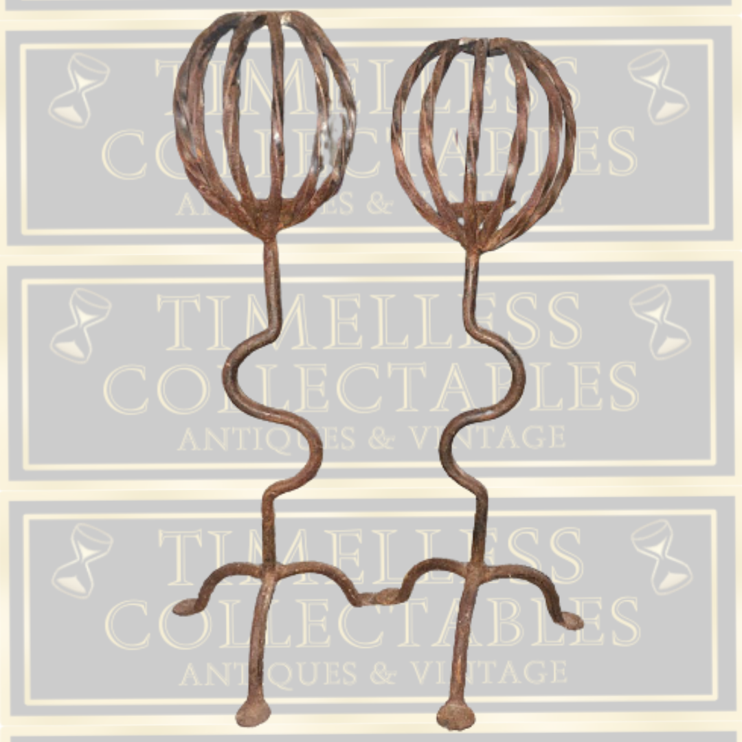 Antique Pair Large Gothic Handmade Wrought Iron Candle Holders