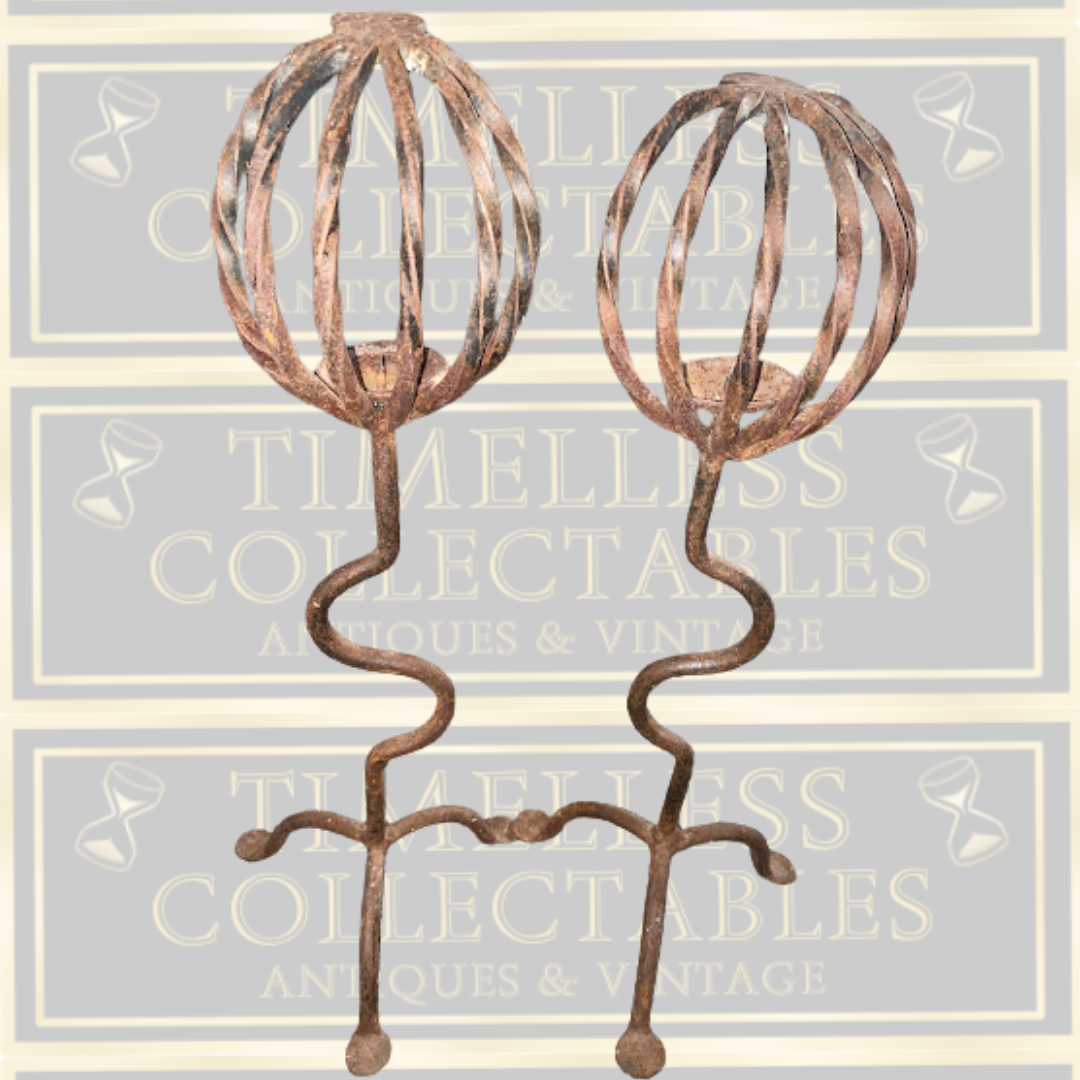 Antique Pair Large Gothic Handmade Wrought Iron Candle Holders