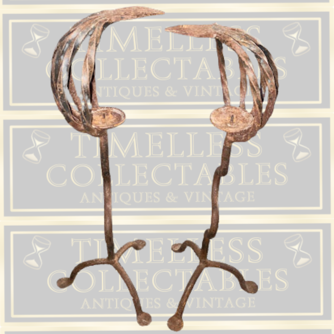 Antique Pair Large Gothic Handmade Wrought Iron Candle Holders