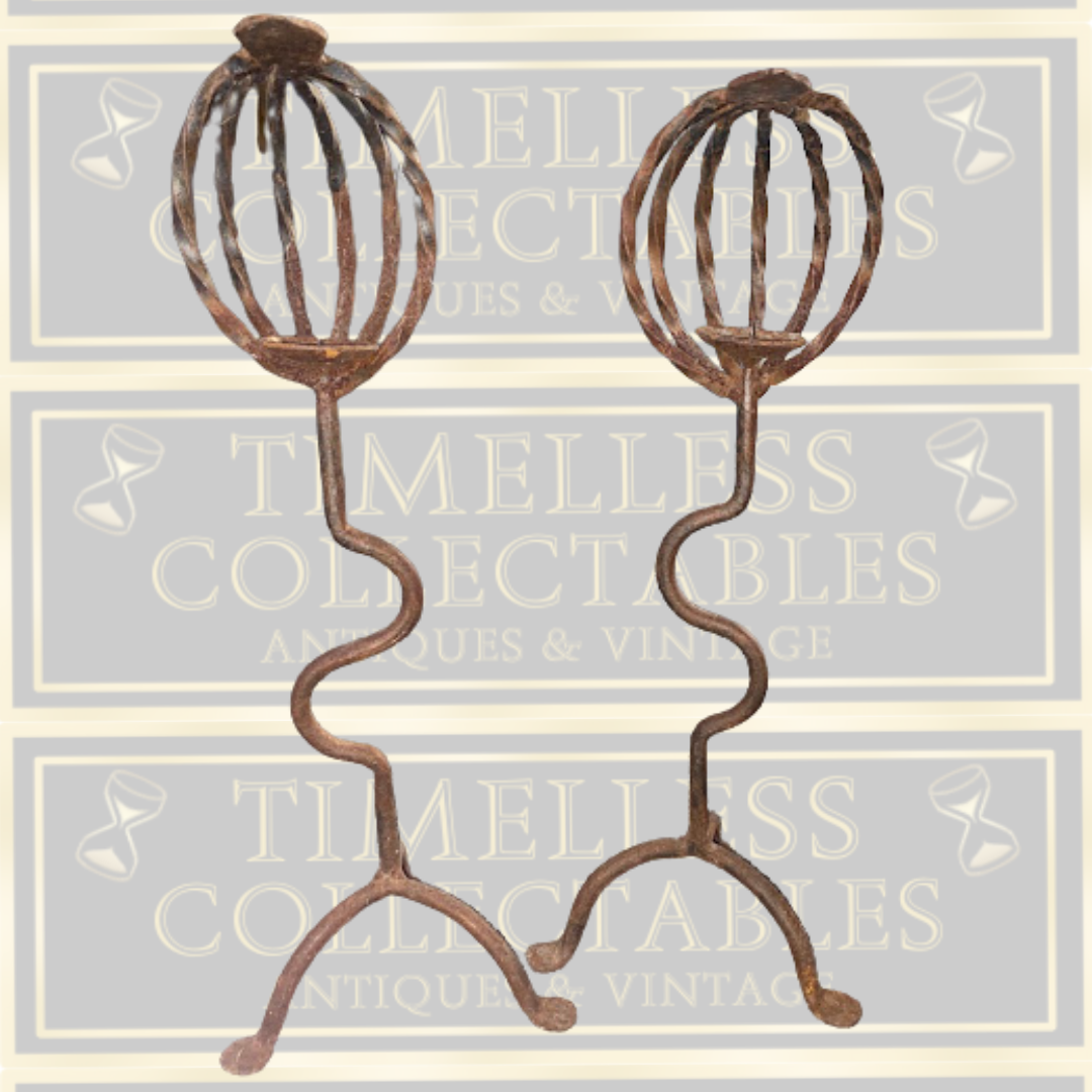 Antique Pair Large Gothic Handmade Wrought Iron Candle Holders