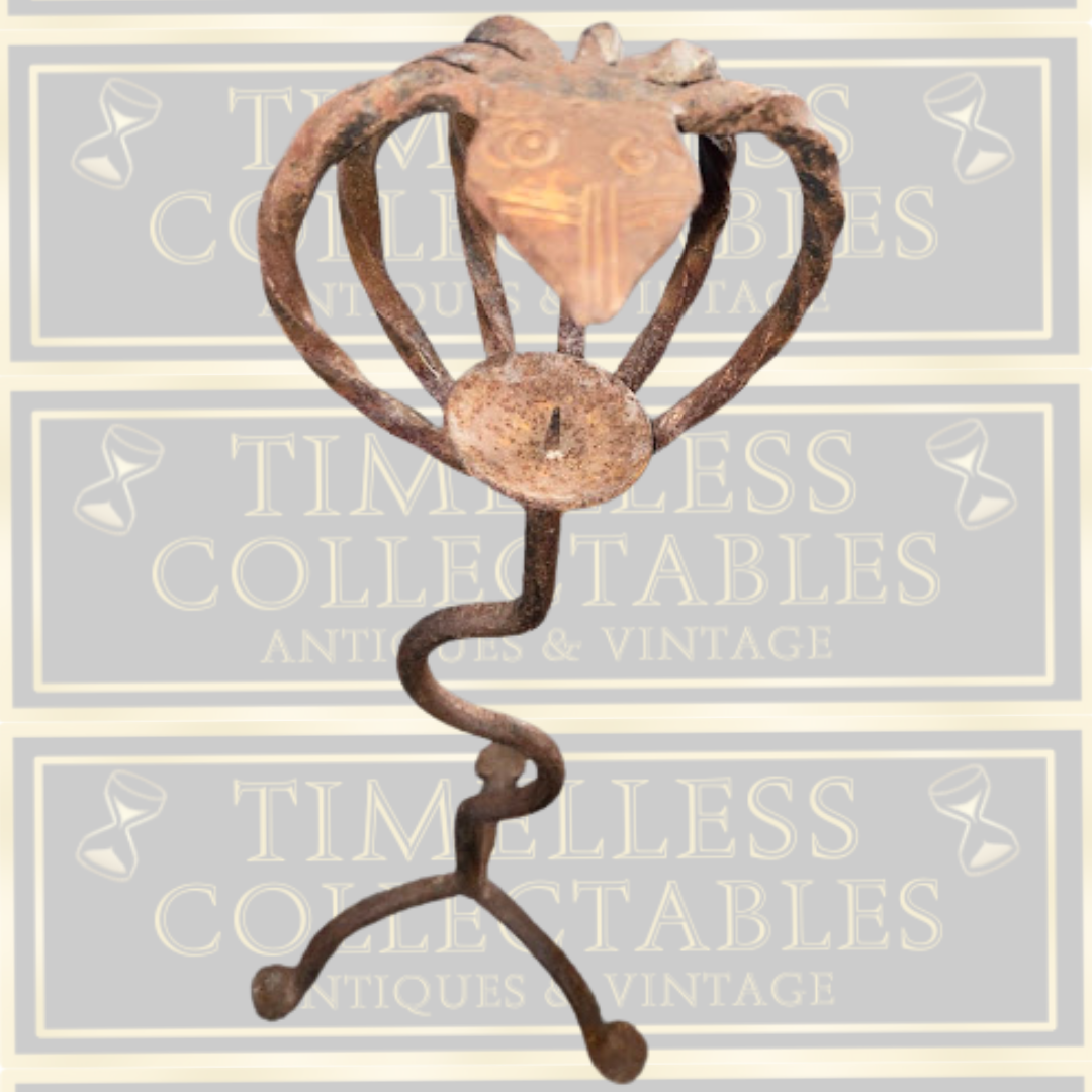 Antique Pair Large Gothic Handmade Wrought Iron Candle Holders