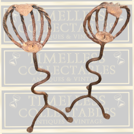 Antique Pair Large Gothic Handmade Wrought Iron Candle Holders