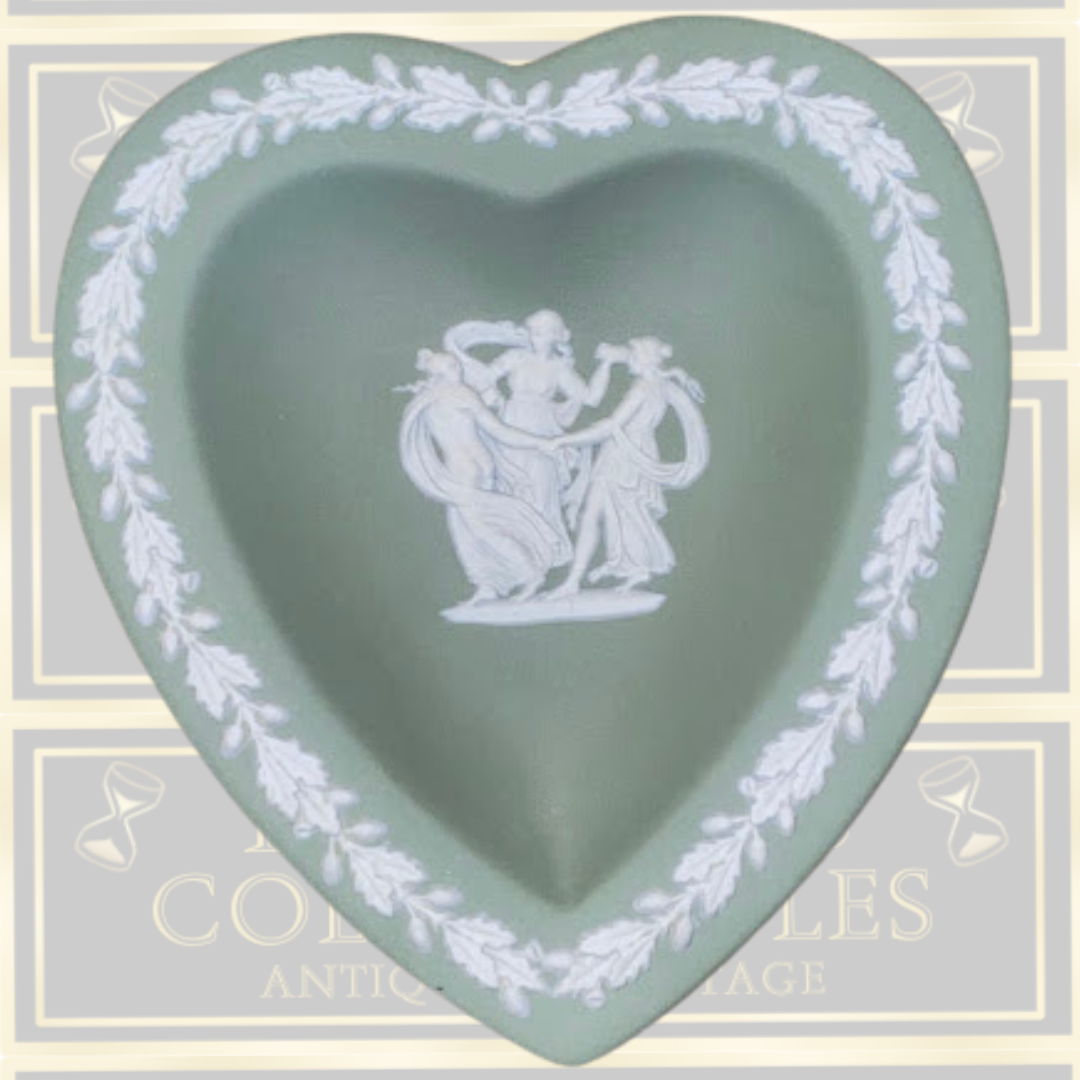Vintage Sage Green Wedgwood JasperWare Heart-Shaped Trinket Dish