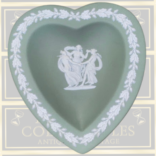 Vintage Sage Green Wedgwood JasperWare Heart-Shaped Trinket Dish