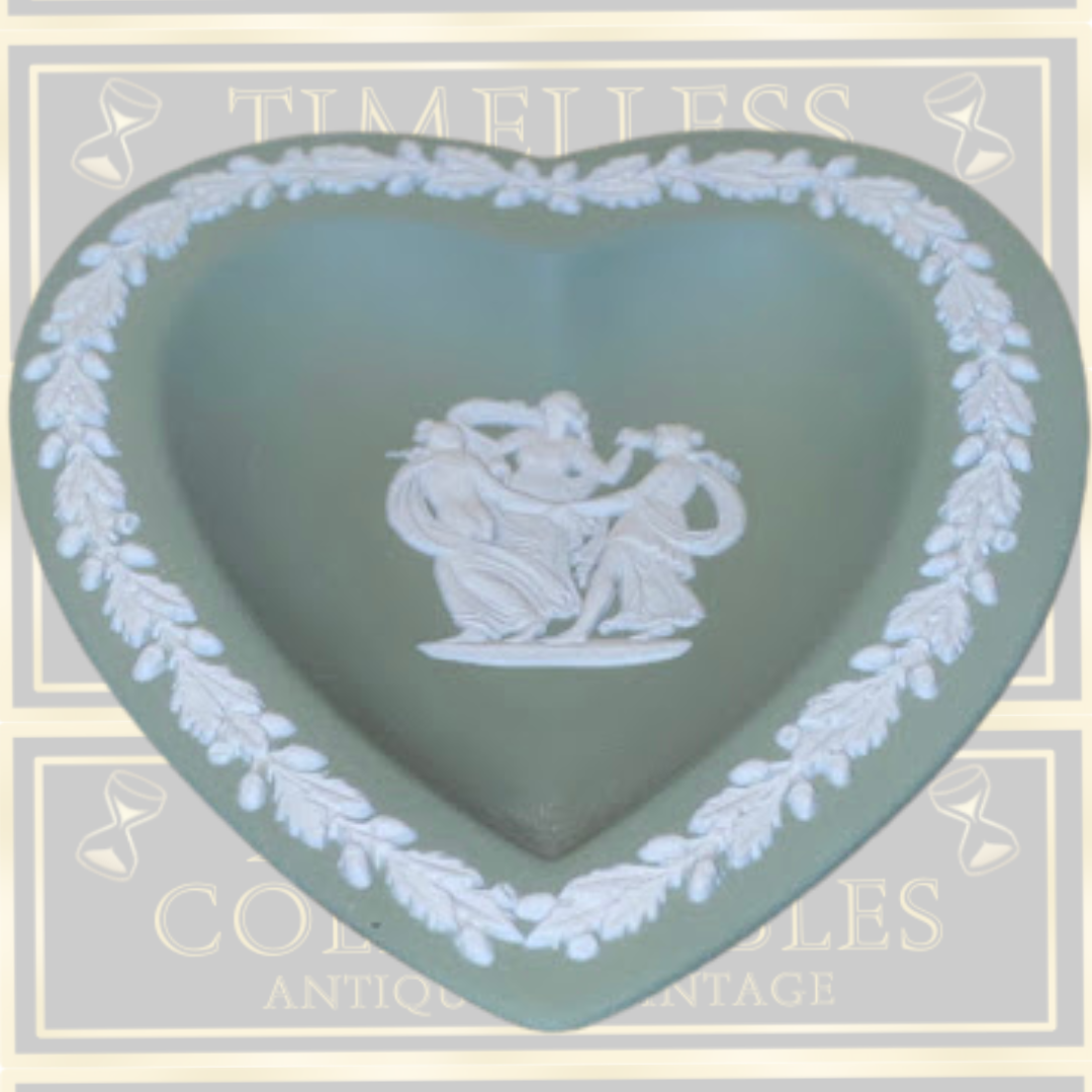 Vintage Sage Green Wedgwood JasperWare Heart-Shaped Trinket Dish