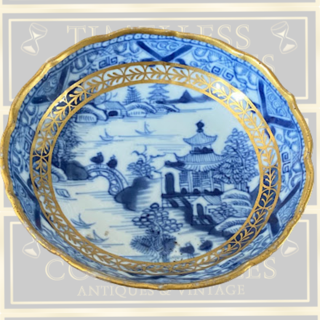 Antique Chinese Qing Porcelain Berry Bowl Blue & White Gilded