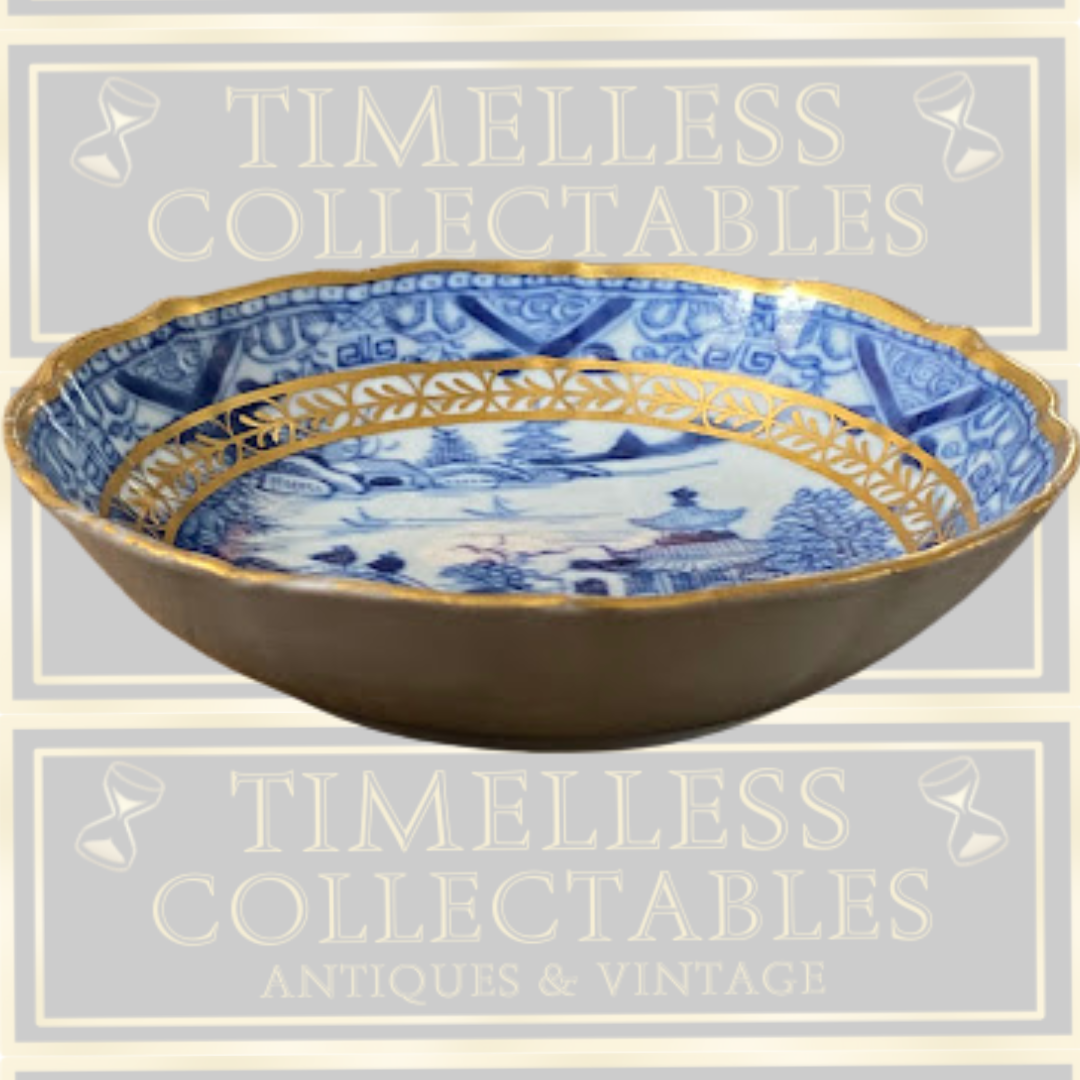 Antique Chinese Qing Porcelain Berry Bowl Blue & White Gilded
