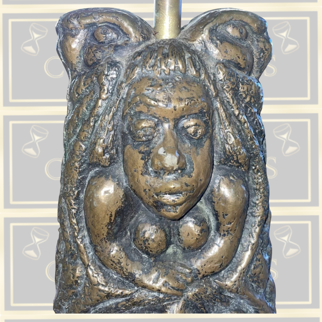 Vintage 1970s Brutalist Bronze Tribal Sculptured Lamp