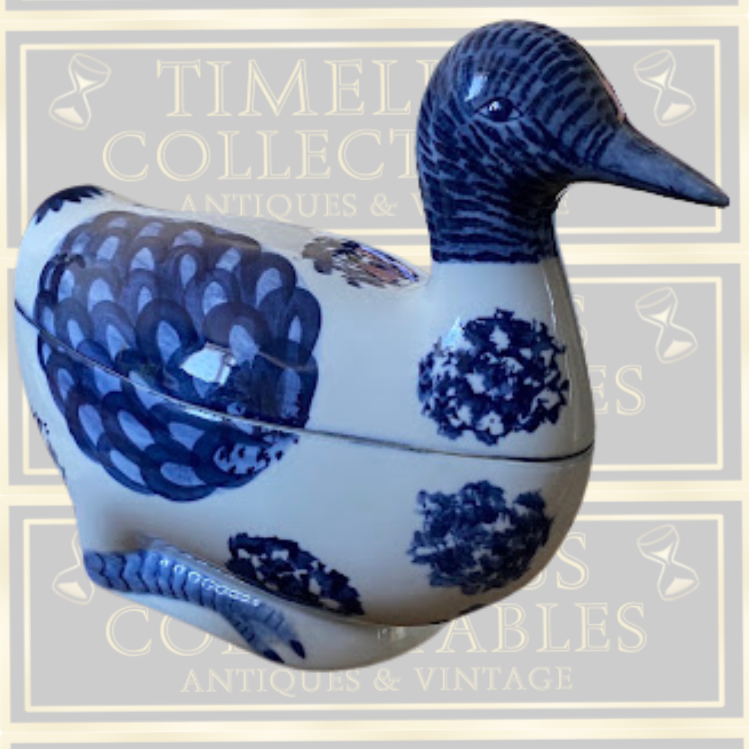 Vintage Large Nora Fenton Blue & White Ceramic Duck