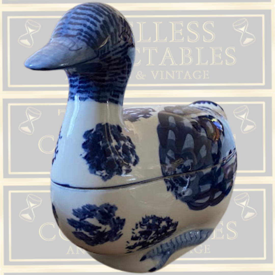 Vintage Large Nora Fenton Blue & White Ceramic Duck