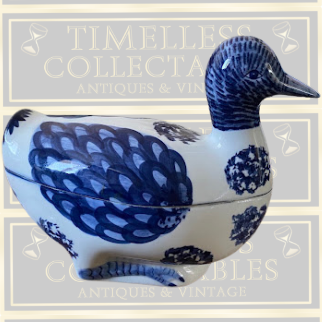 Vintage Large Nora Fenton Blue & White Ceramic Duck