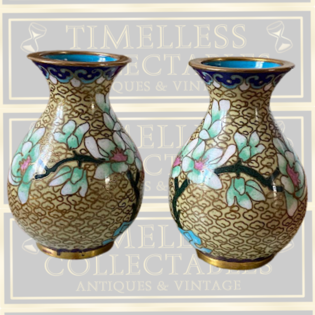 Vintage Pair Chinese Floral Blossom Cloisonné Enamel Miniature Vases